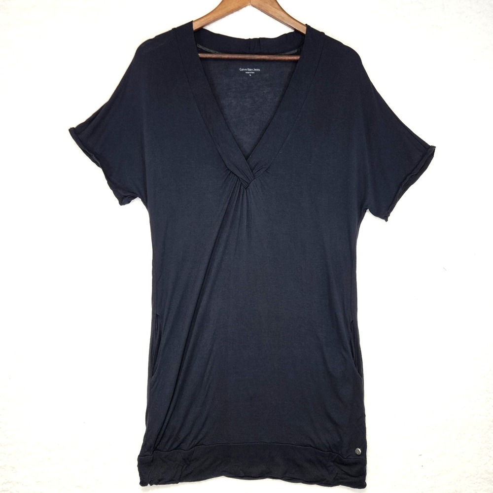 Calvin Klein Jeans Longline V-Neck Short Sleeve Viscose Knit Tunic XL Minimalist